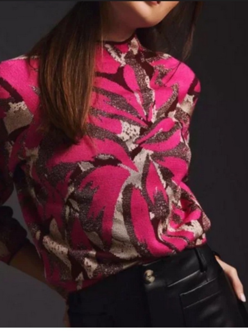 Anthropologie Beatriz Mock-Neck Sweater in Hot Pink Palm Print